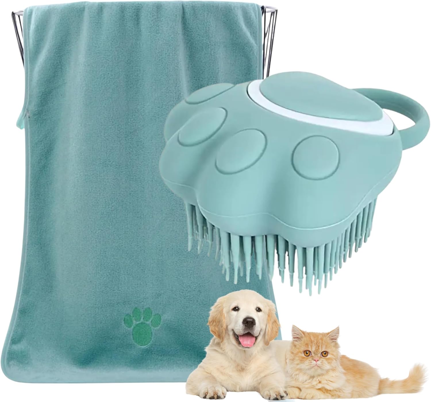 2 in 1 Pet Grooming Kit | Bath Brush with Shampoo Tank | Absorbent Towel 75 x 35 cm | Green, Microfiber and Silicone | Cleaning, Drying and Massage for Dogs and Cats 1