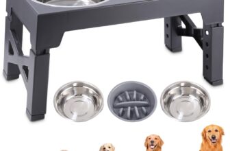 Elevated Dog Feeder High Dog Feeder for Dogs, 4 Adjustable Heights, with 2 Stainless Steel Bowls and Anti-Voracity Dog Feeder, for Small, Medium and Large Dogs
