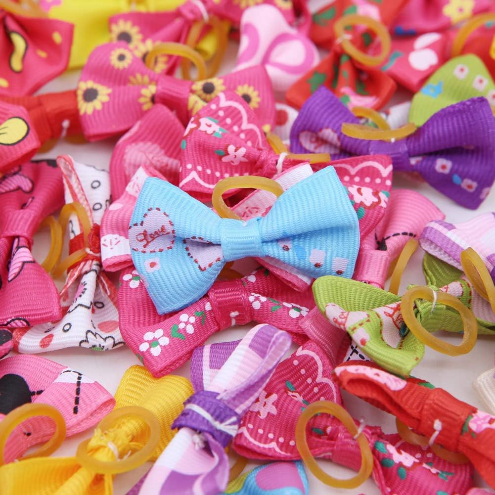 50 Pieces Assorted Dog Hair Bows with Rubber Elastic Bands, Cute Patterns Grooming Accessories for Small Dogs, Cats and Puppies 1