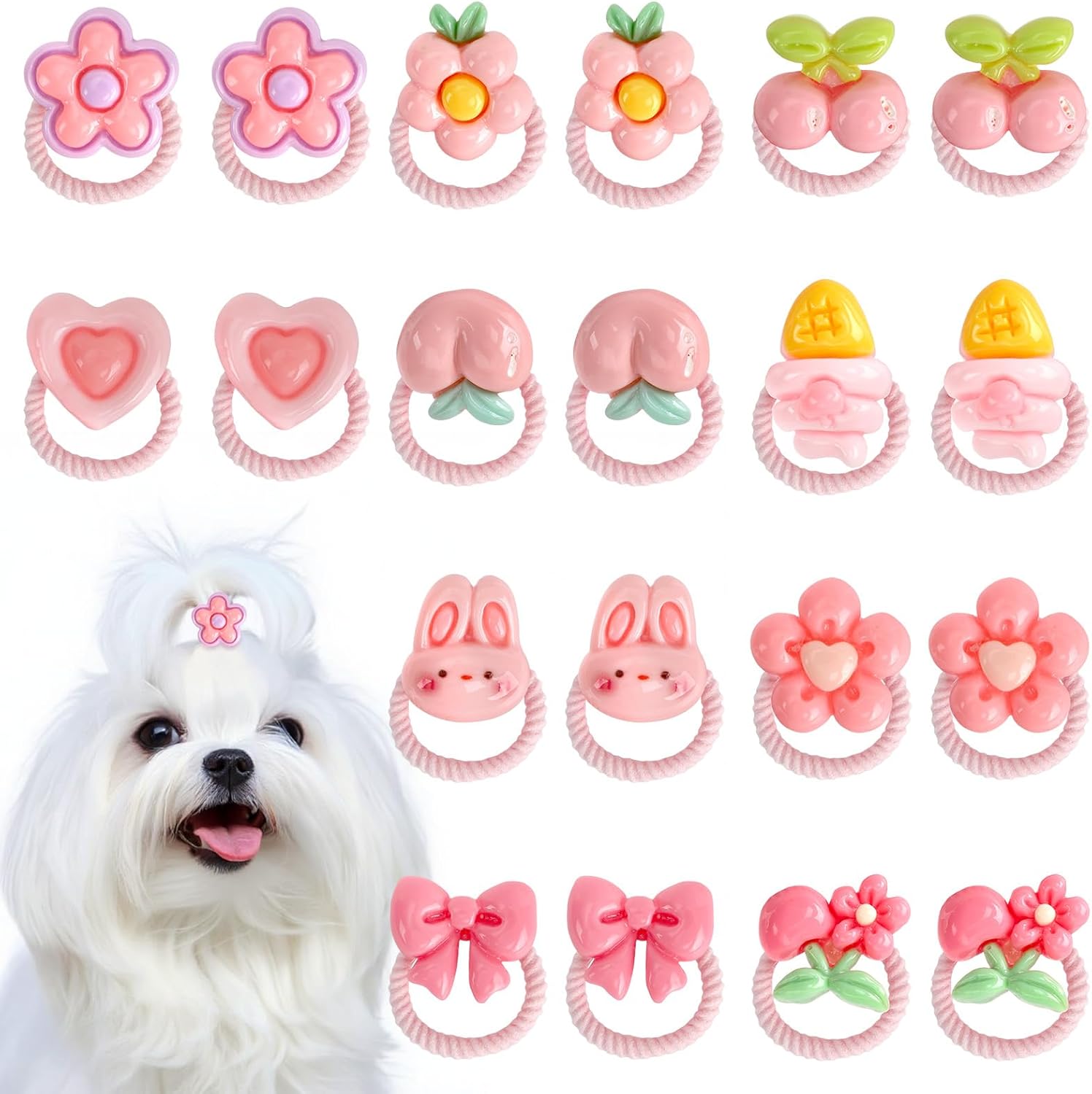 20 Pcs Dog Hair Ties with Elastic Bands, Roses with Flowers Bows Cherries Assorted Styles Cute Puppy Hair Accessories for Small Dogs Girls Daily Care and Hairstyle 1