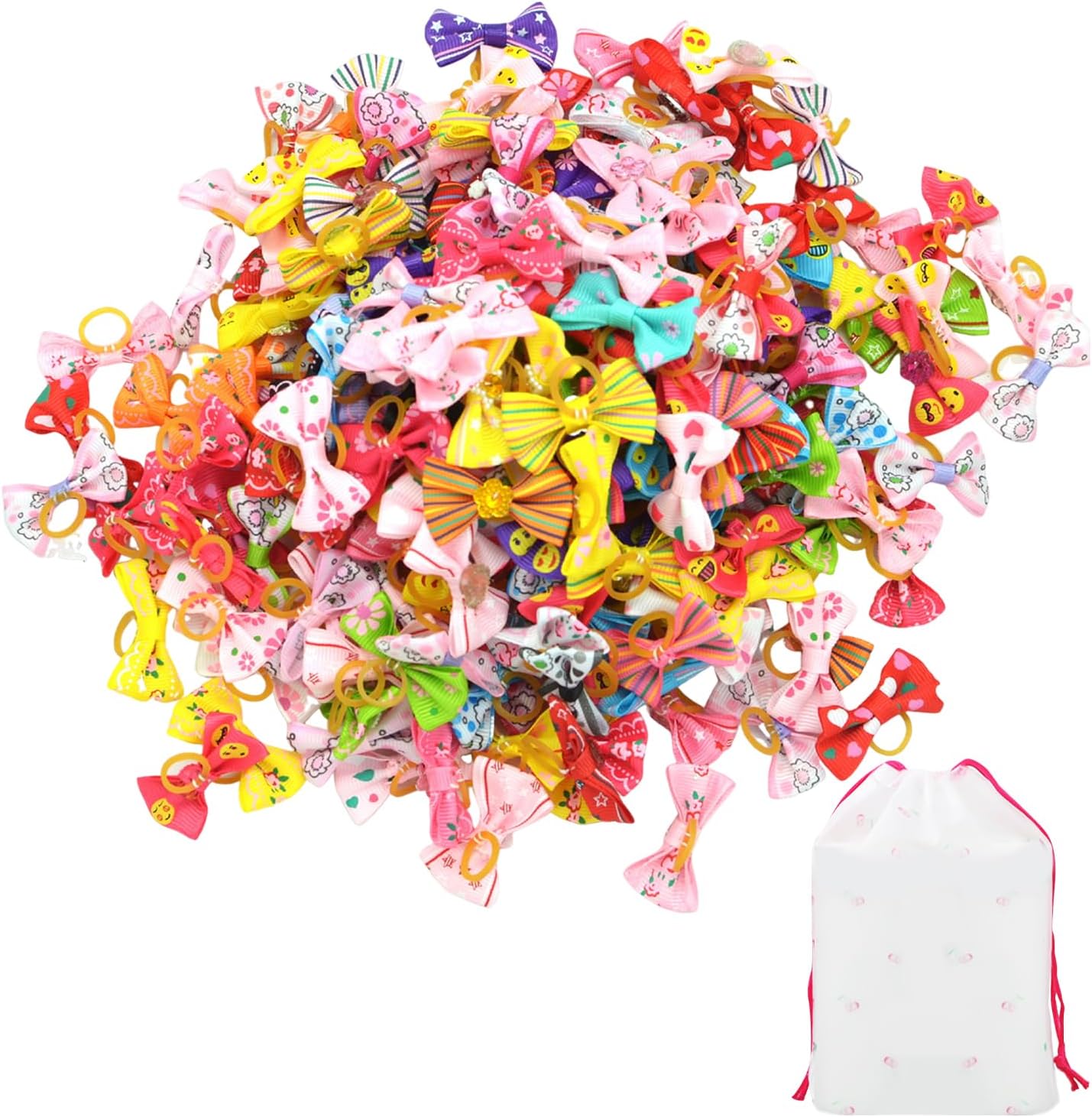 100 Pcs Hair Ropes with Bows, 1 Storage Bag, Animal Hair Accessories, Creative Dog Hair Ties, Cartoon Pet Elastic Bands, 1