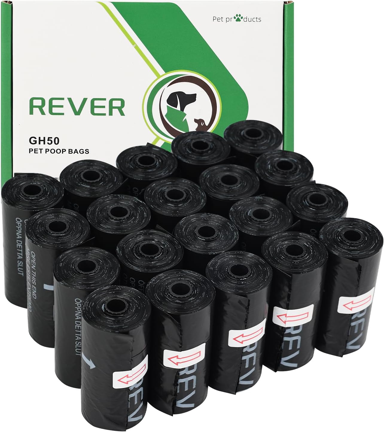 REVER GH50, Dog Poop Bags, 300 Units, Extra Thick Dog Poop Bag, Fragrance Free, 33 x 23 cm, 20 Rolls, 15 per Roll, Black 1