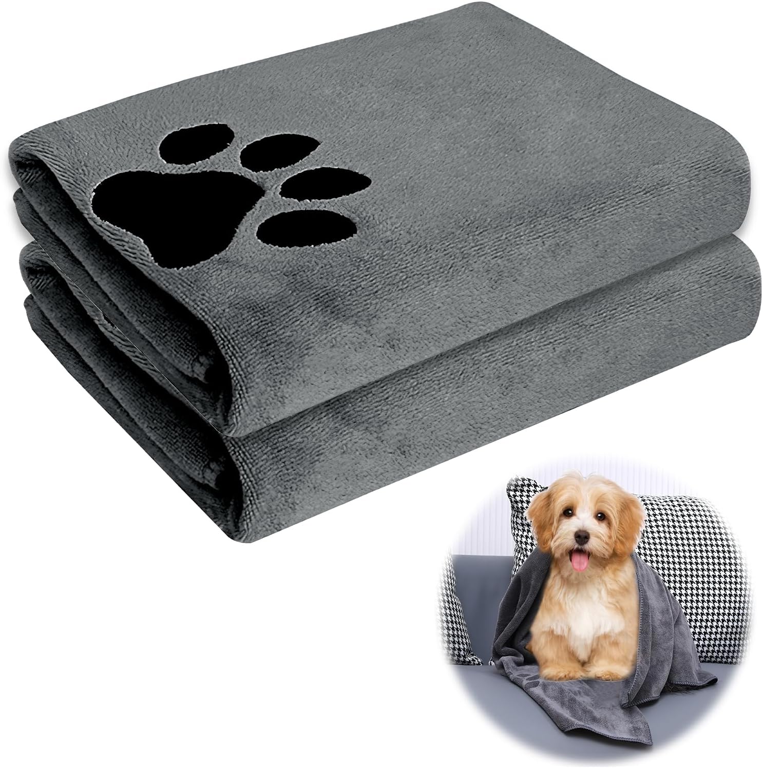 2 Pack Extra Absorbent Dog Towels, Dog Towels, Dog Accessories, Microfiber Bandanas, Quick Dry Towels for Cats, Dogs or Other Pets, 75 x 35 cm, Grey 1