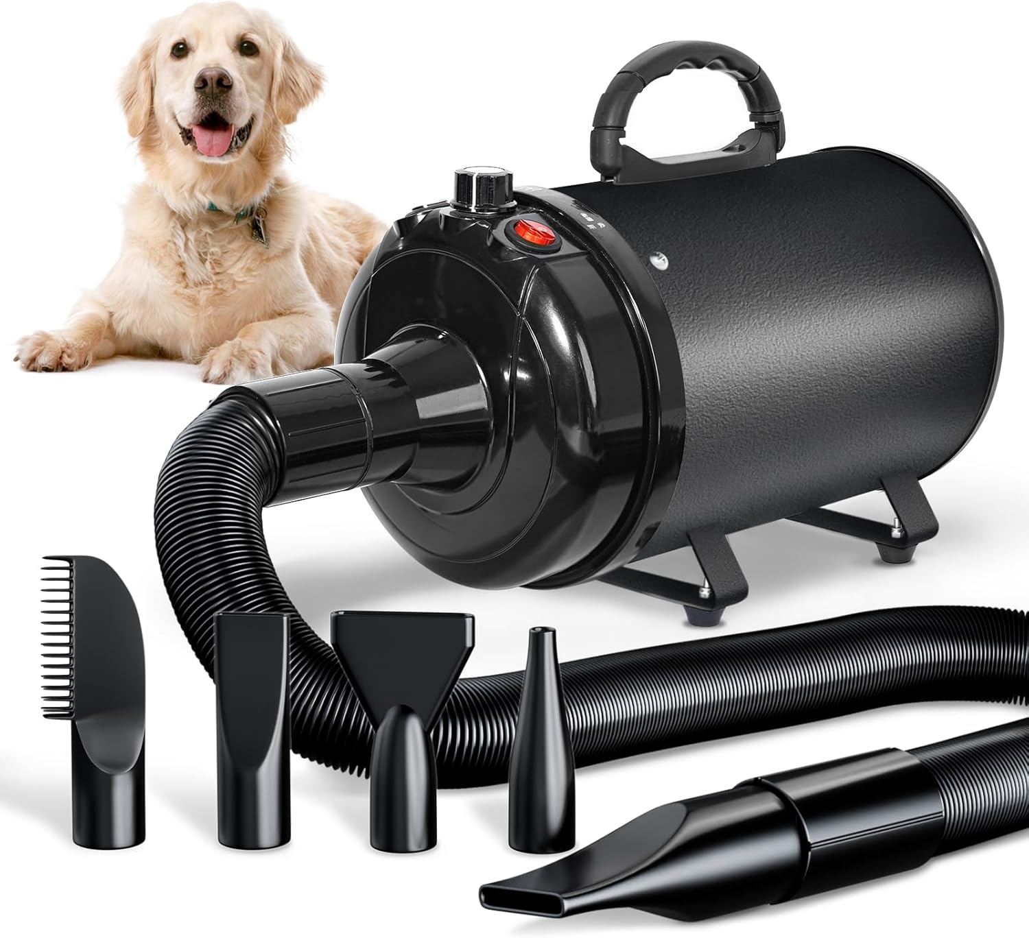 Dog Hair Dryer Blaster 3000W, Pet Hair Dryer, Low Noise Temperature Heater with 4 Different Nozzles, Deep Black 1