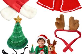 Christmas Costume for Pets, 4 Pieces Christmas Accessories Pet Clothes, Christmas Costumes for Cats Dogs with Hat, Reindeer Antlers Headband, Scarf, Mantle, for Dogs Cats