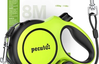 Pecute 8 Metre Extendable Dog Leash, Lead for 15-50 kg, with Anti-Bite Rope 46 cm, Hygienic Bags and Bag Holder | 360° Anti-Tangle | Dog Walking, Training, Rainy Days, Green