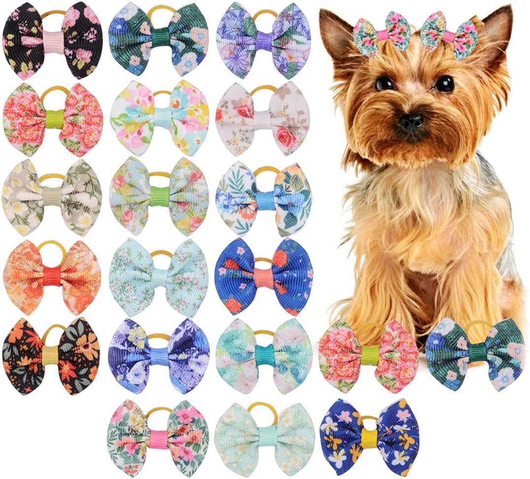 20 Pieces Dog Hair Ties with Elastic, Hair Accessories for Dogs, Bow for Long Hair, Small Dog, Cat Puppy (Random Pattern), multicoloured, A 1