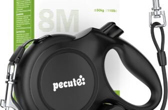 Pecute 8 Metre Extendable Dog Leash, Leash for 15-50 kg, with Anti-Bite Rope 46 cm, Hygienic Bags and Bag Holder | 360° Anti-Tangle | Dog Walking, Training, Rain Days, Black