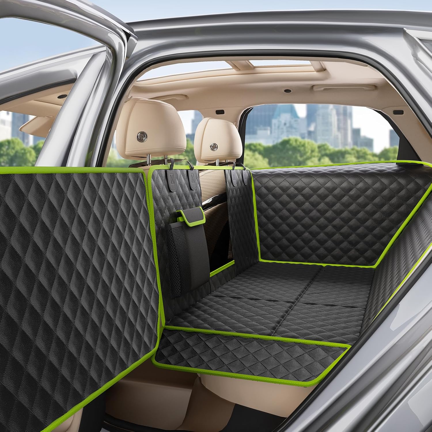 Pecute Dog Car Cover with Hard Bottom, Dog Car Protector for Back Seat, 2025 Detachable Side Wings to Protect Doors, Waterproof, Anti-Scratch, Texture Sofa, Up to 150 kg 1