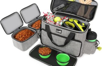 Pecute Large Portable Pet Travel Bag with Pockets Multifunctional Organizer for Outdoor Use Travel Set with 2 Food Bags + 2 Collapsible Bowls