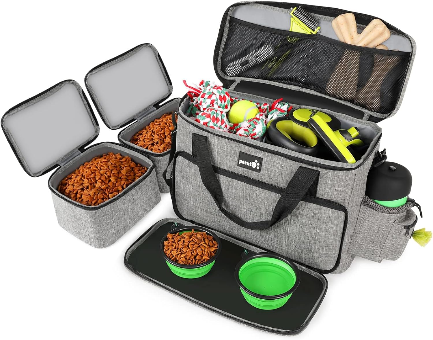 Pecute Large Portable Pet Travel Bag with Pockets Multifunctional Organizer for Outdoor Use Travel Set with 2 Food Bags + 2 Collapsible Bowls 1