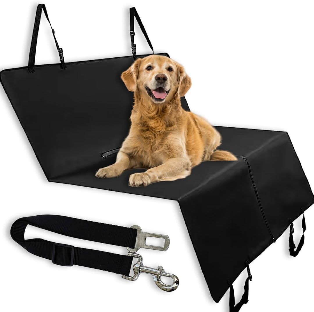 Funda para coche impermeable y resistente que incluye cinturón de seguridad para perros – Protector universal para perros en el asiento trasero que también se puede utilizar como maletero. 1