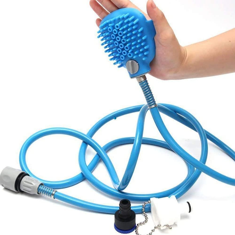Herramienta de Baño para Mascotas, Kit de Ducha para Perros Gatos 2 en 1 Cepillo de Manguera Herramienta de Baño y Accesorios para Mascotas, para Gatos Perros (2,5 m, Azul) 1