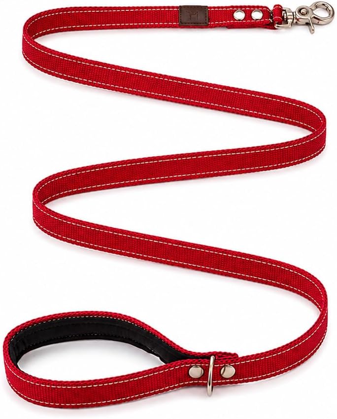MOUZ Correa Perro adiestramiento de Nailon Doble, de 1.20metros, Alta Resistencia, Correa con Mango Acolchado, mosquetón de Seguridad 360º y Clip para Accesorios. Hecho en España. (Rojo) 1