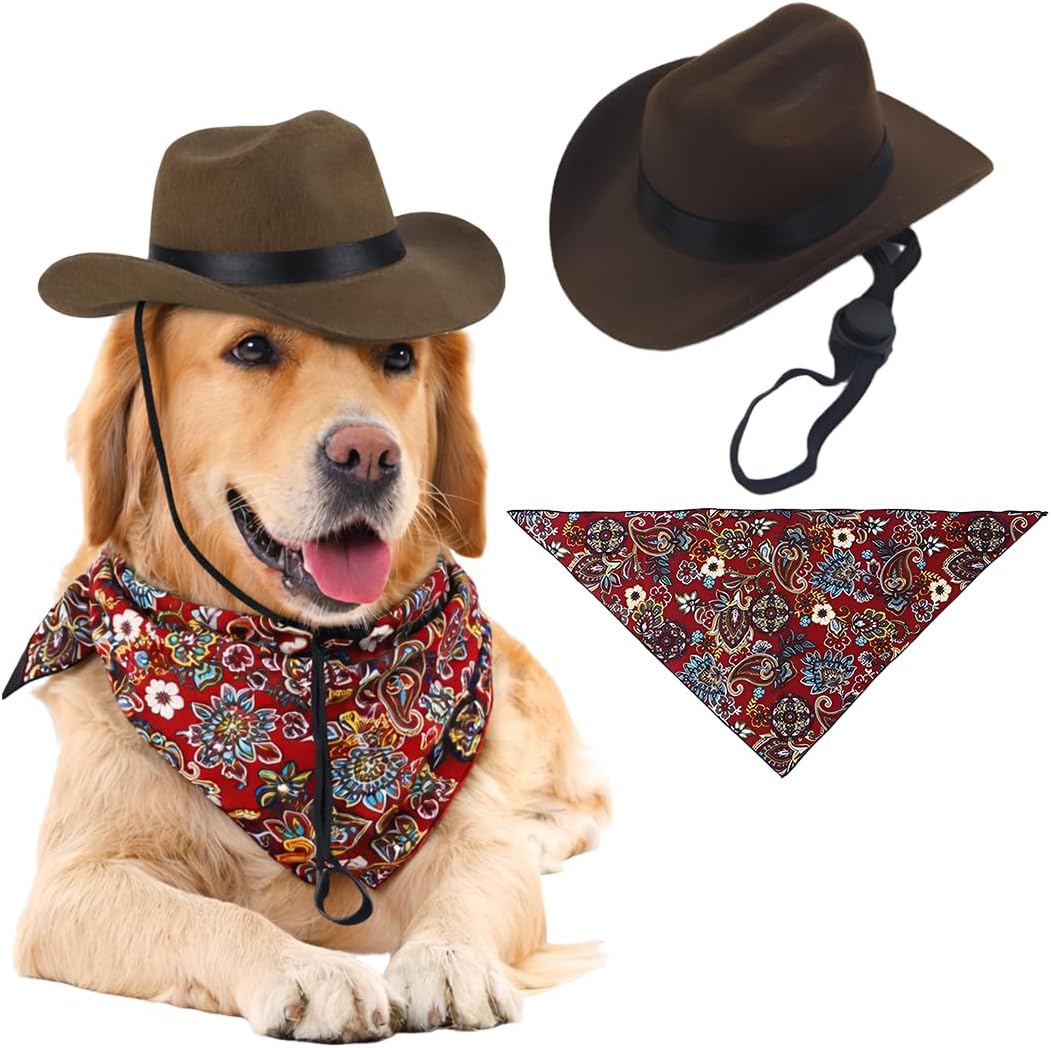 Juego de 2 accesorios para mascotas, sombrero de vaquero y pañuelo retro, decoración de carnaval para perros y gatos de todos los tamaños 1