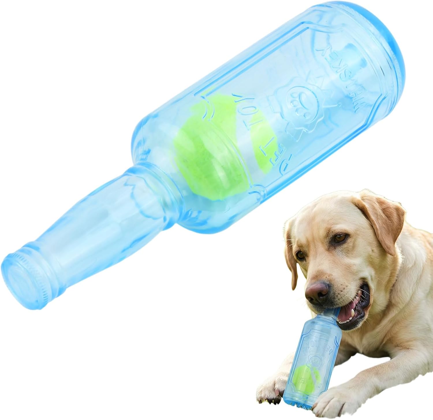 Juguete Interactivo para Perros, Botella Chirriante con Pelota de Tenis, Juguete para Masticar y Compresión, Diseño para Entrenamiento y Exteriores, Accesorio para Mascotas con Forma de Botella, 20 cm 1