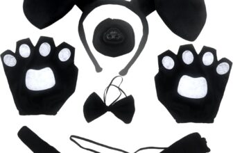 Juego de 5 Piezas de Disfraces de Perro Negro Orejas Cola de Perro y Guantes de Nariz Pajarita, Disfraz de Perro para niña Accesorios de Disfraces de Animales para Fiesta de Halloween (Negro)