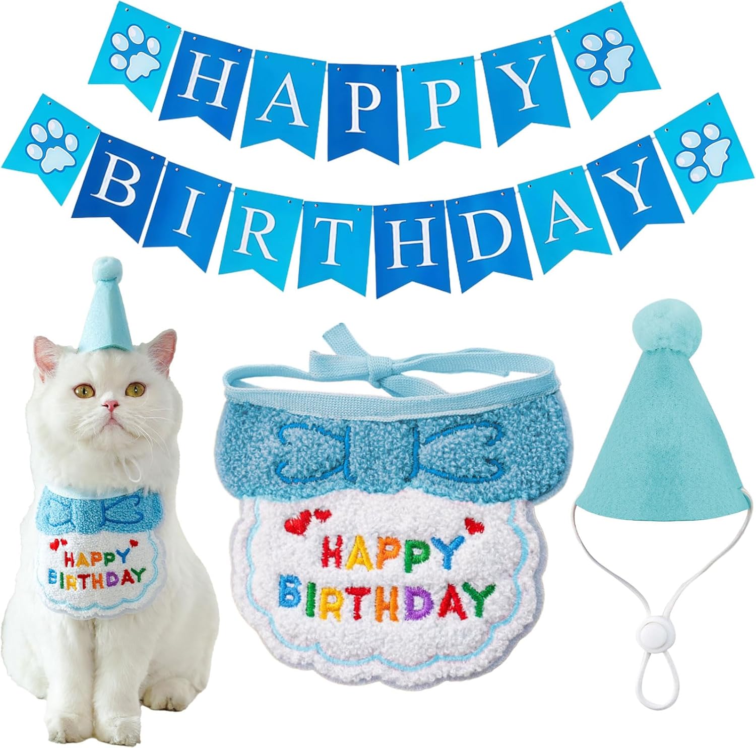 SSKHE Juego de banderines de cumpleaños para perros y gatos, bandana, ropa y accesorios para perros pequeños, mini sombreros de fiesta para animales de juguete, traje de gatito, regalo para seres queridos 1