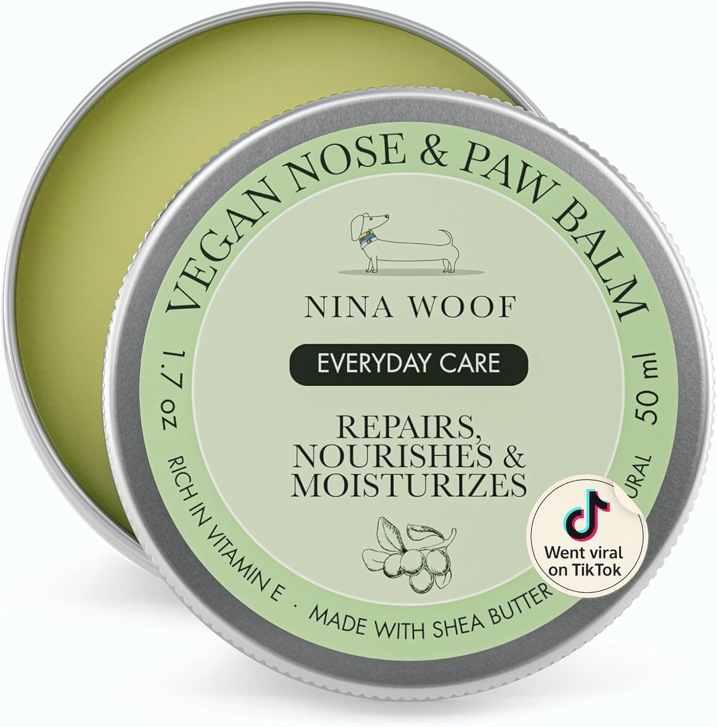 Nina Woof Almohadillas de crema vegana para perros – Cera y bálsamo para patas para perro, humectante natural con ingredientes orgánicos y protector nasal de manteca de karité, 100% seguro para lamer – 50 ml 1