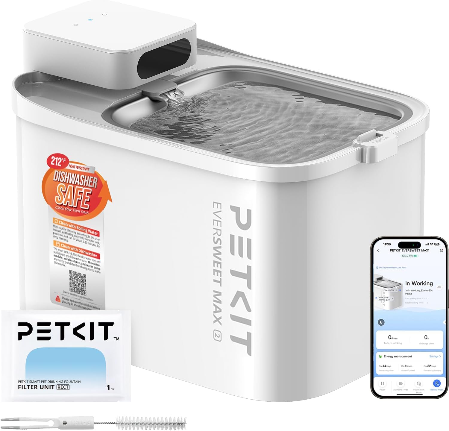 PETKIT Fuente para Gatos EVERSWEET MAX 2 sin Cable, Resistente al Calor, con Sensor de Movimiento, Batería Recargable 5000 mAh, Control App, Bebedero Automático para Gatos 3L, Acero Inoxidable 1