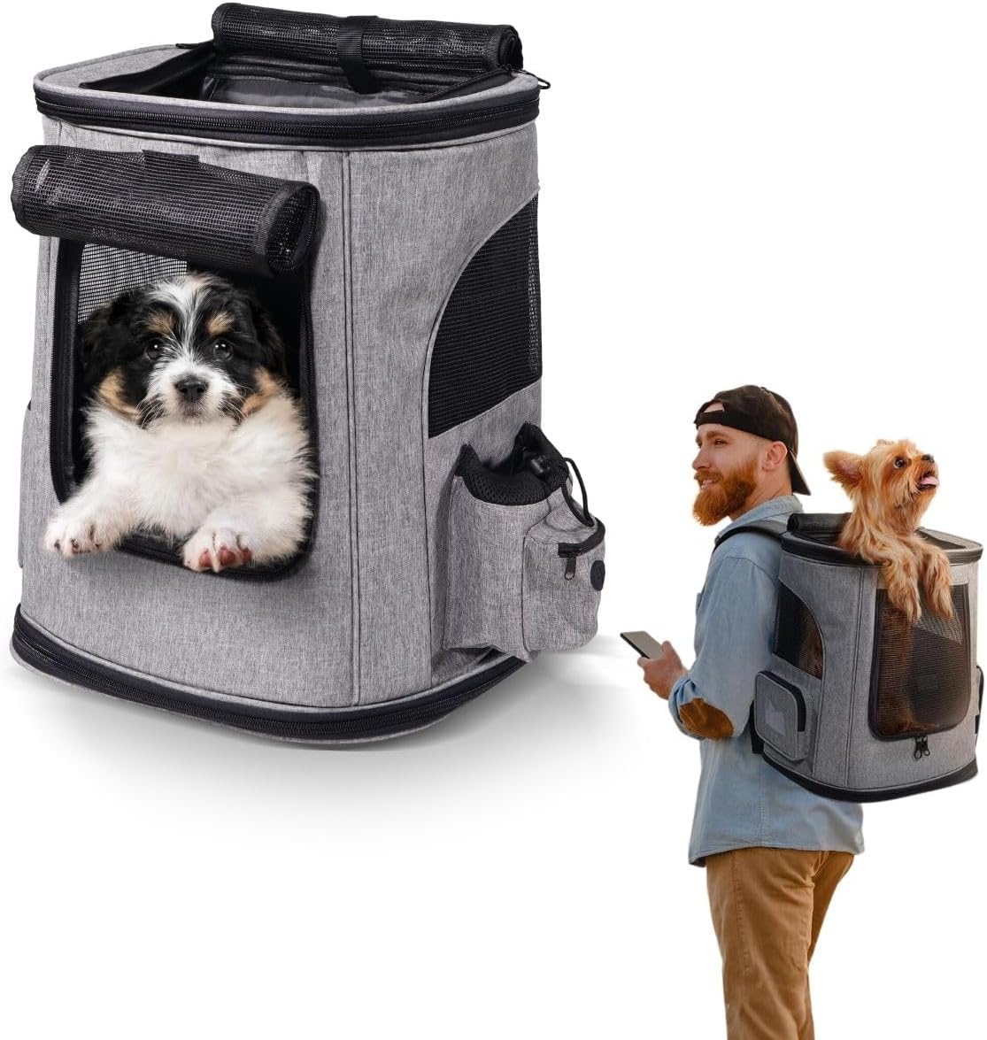 Mobiclinic® Pets Mochila para Mascotas, Plegable, Ventana de Malla, Bolsillos para Accesorios, Múltiples Accesos, Doble Asa, Ajustable, 30 x 25 x 40 cm, Transportín para Perros y Gatos, Thor 1
