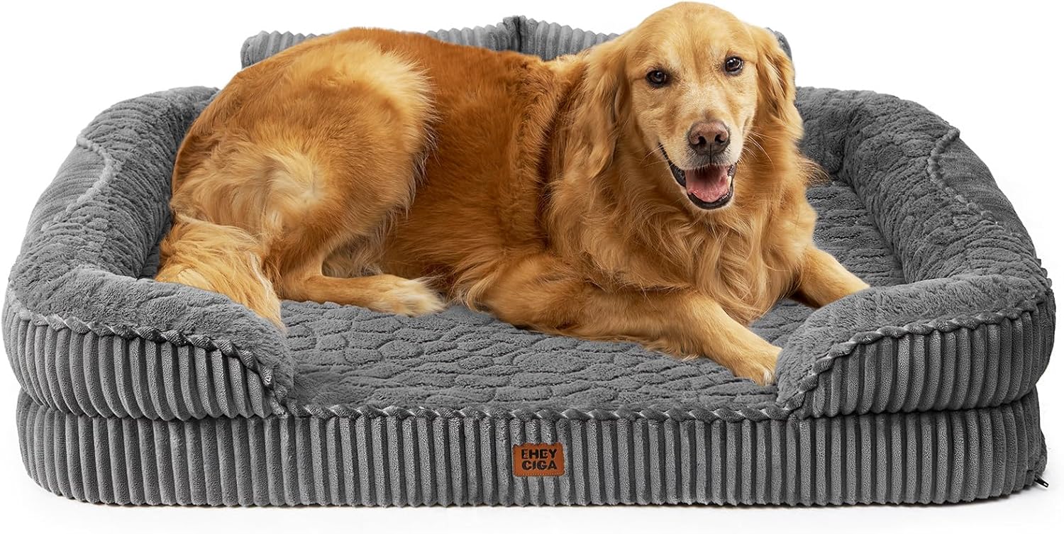 EHEYCIGA Cama Ortopédica Grande para Perros, 106 x 76 cm, Sofá Cama con Respaldo Alto, Colchón para Perros de Espuma viscoelástica Impermeable, Funda Lavable, Gris 1