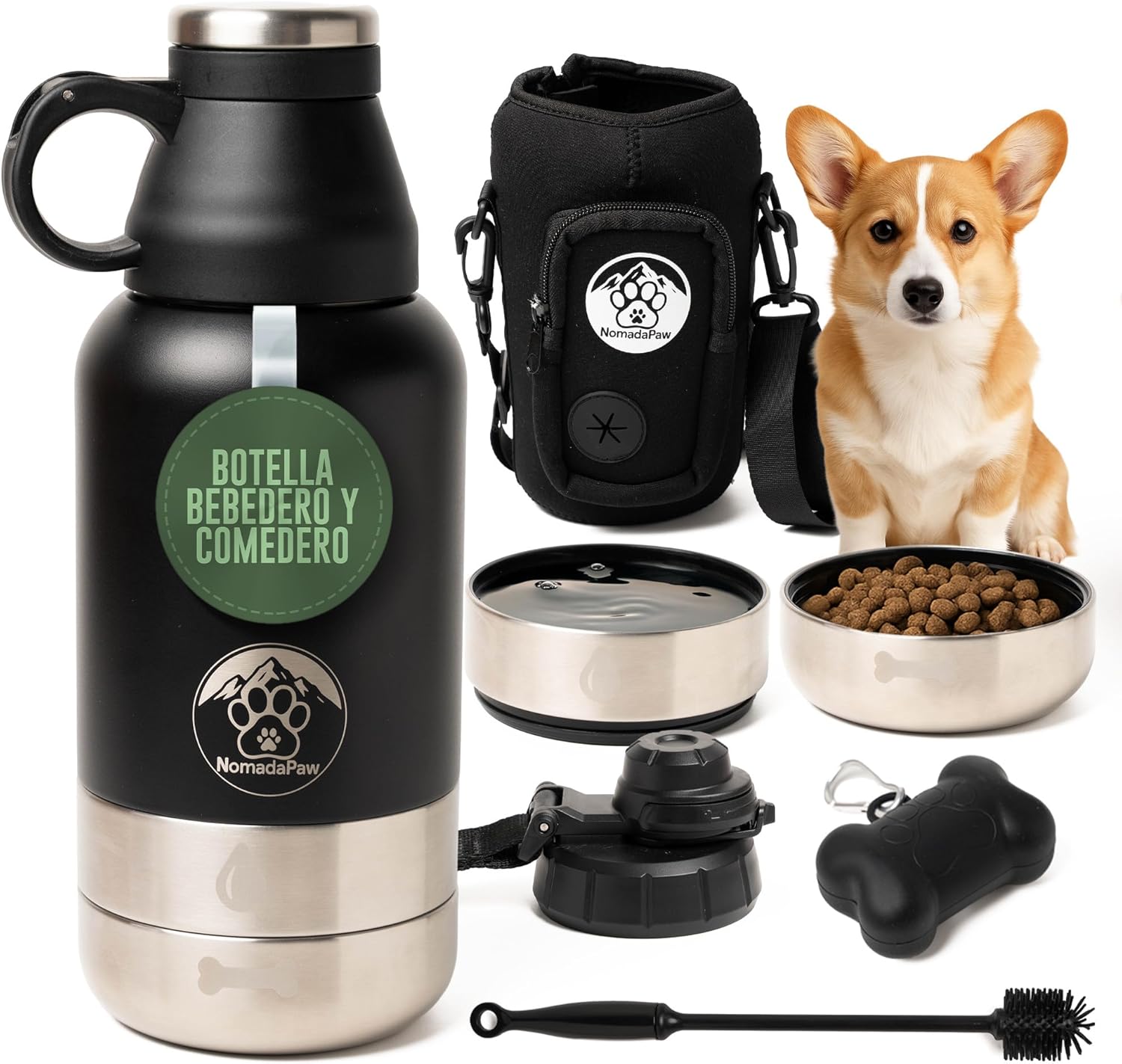 Botella de Agua para Perros de Acero Inoxidable 1L - Bebedero Térmico Portátil con Comedero y 2 Tapas - Incluye Estuche de Neopreno, Dispensador de Bolsas y Cepillo - Accesorio de Viaje 4 en 1 | NomadaPaw 1