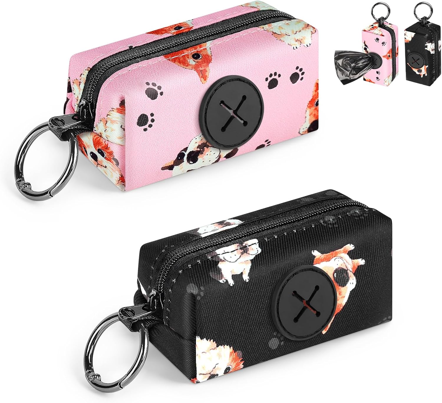 2 bolsas dispensadoras para bolsas de caca de perro, soporte para bolsas de caca de perro, tela suave con mosquetón, accesorios para perros para caminar, correr, senderismo (piernas - rosa y azul) 1