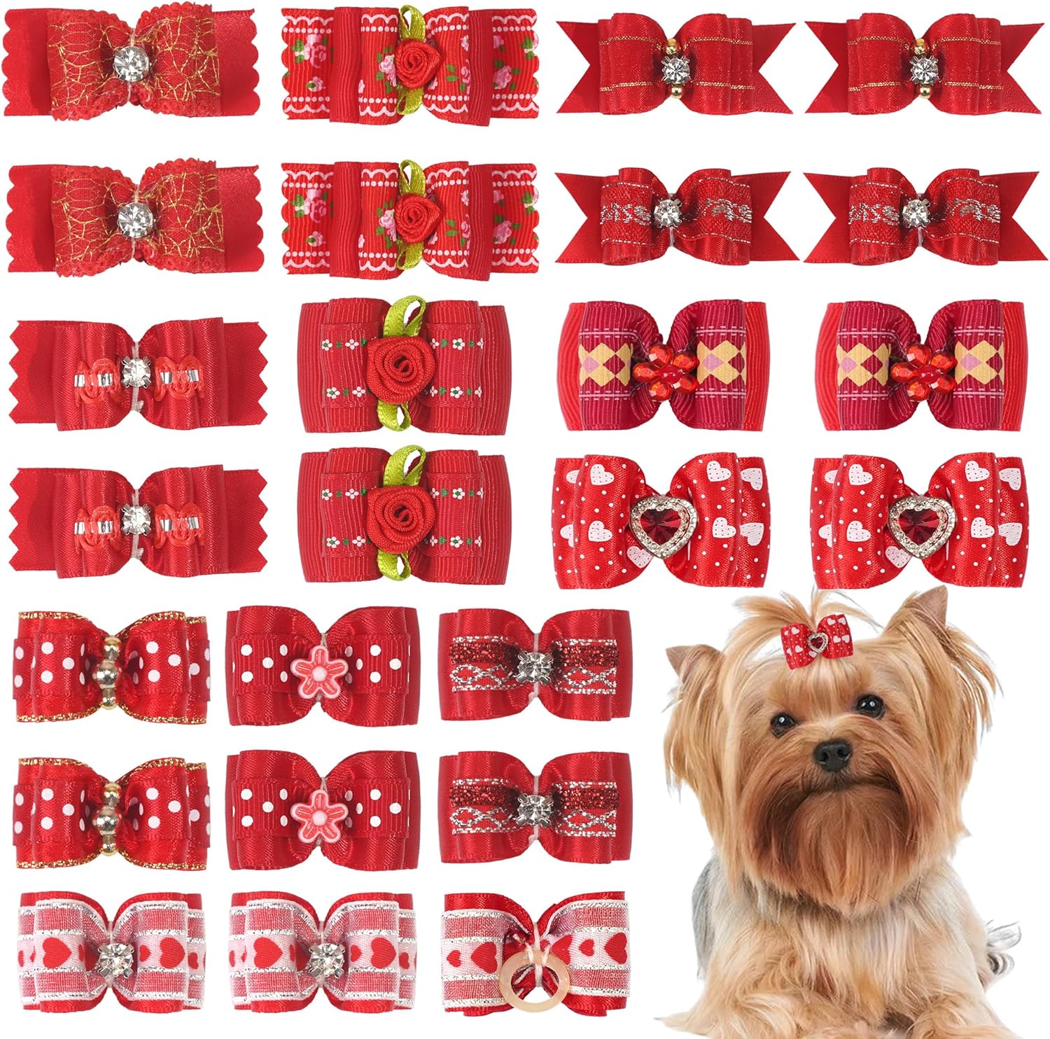 24 lazos para el pelo de perro, lazos rojos con banda de goma para accesorios para el pelo de cachorro Yorkie 1