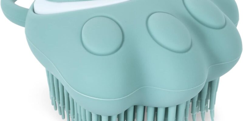 TIESOME Bath Brush for Dogs and Cats, Soft Silicone Pet Shampoo Dispenser Shower Brush for Washing Short and Long Hair Dogs and Cats (Blue Paw)