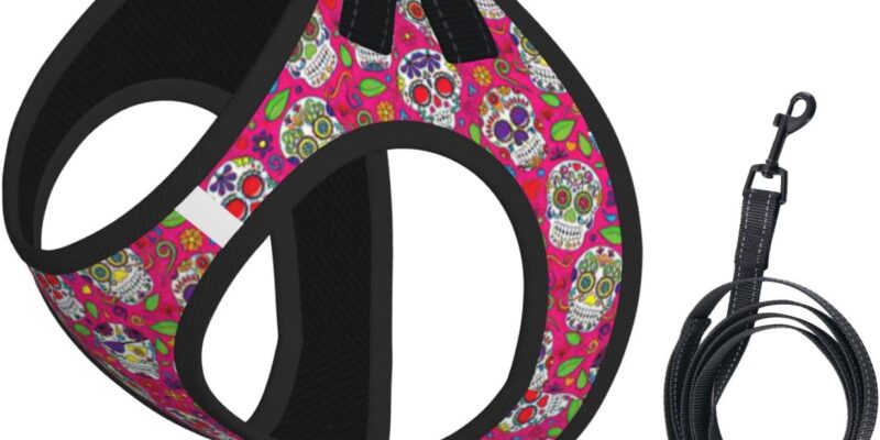 Summer Puppy Harness Skull Green Leaves Print Reflective Dog Harness Accessories for Small Medium Large Dogs and Cats