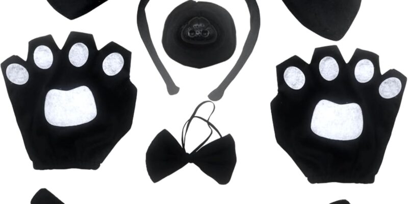 Juego de 5 Piezas de Disfraces de Perro Negro Orejas Cola de Perro y Guantes de Nariz Pajarita, Disfraz de Perro para niña Accesorios de Disfraces de Animales para Fiesta de Halloween (Negro)