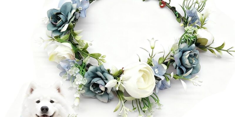 Collar de flores de boda Pajarita para perro Ropa de boda Corona de flores Lazo para mascotas Collar de flores ajustable para perros de tamaño mediano para accesorios de fotografía (B)
