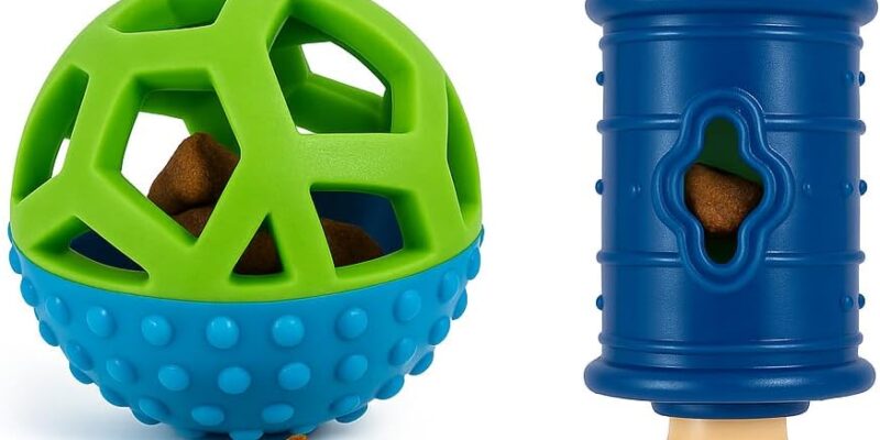 Interactive Toys for Puppies and Small Dogs – Rubber Ball with Rattle and Bone Stuffed Toy – Rubber Toys for Food, Food or Snacks, Dog Teethers – Pack 2 Toys