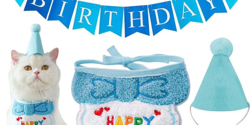 SSKHE Juego de banderines de cumpleaños para perros y gatos, bandana, ropa y accesorios para perros pequeños, mini sombreros de fiesta para animales de juguete, traje de gatito, regalo para seres queridos