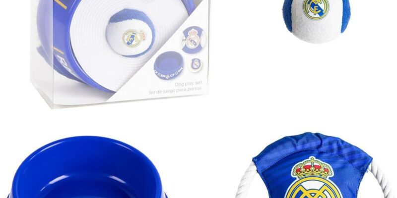 Set Bienvenida Mascota Real Madrid Licencia Oficial – Pack 3 Piezas Perro: Comedero Silicona + Pelota + Frisbee Cuerda, Kit Llegada Nueva Mascota Real Madrid, Accesorios Perro RMCF Escudo Oficial