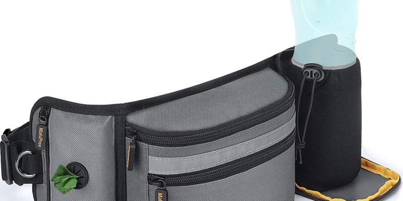 Bolsa de golosinas para perros y accesorios para perros, impermeable, riñonera con portabotellas, correa multifuncional, riñonera ajustable para senderismo, paseos con perros