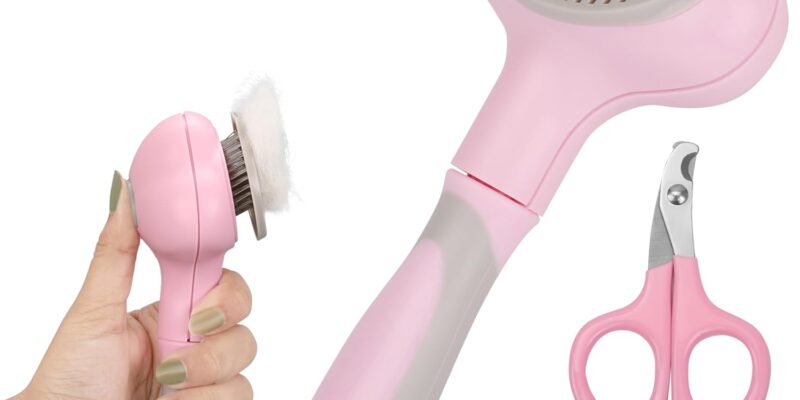 Belle Vous Pink Grooming Kit for Pets – 1 x Nail Scissors and 1 x Self-Cleaning Comb Brush for Long and Short Hair Dogs and Cats – Accessories for Dogs and Cats