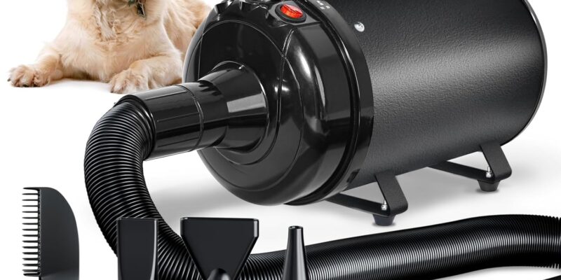 Dog Hair Dryer Blaster 3000W, Pet Hair Dryer, Low Noise Temperature Heater with 4 Different Nozzles, Deep Black