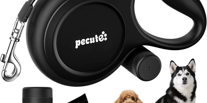 Pecute Extendable Dog Leash, 8 Metres, Long Dog Leash for 15-50 kg, 360° Anti-Tangle, with Hygienic Bags and Bag Holder|Dog Walking, Training, Rainy Days, Black