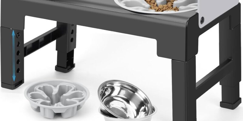 Zivacate Comedero Elevado para Perros con 6 Alturas, Ajustable y Reclinable, 2 Comederos de Acero Inoxidable, 1 Comedero Lento, Comederos Elevados para Perros Pequeños, Medianos y Grandes