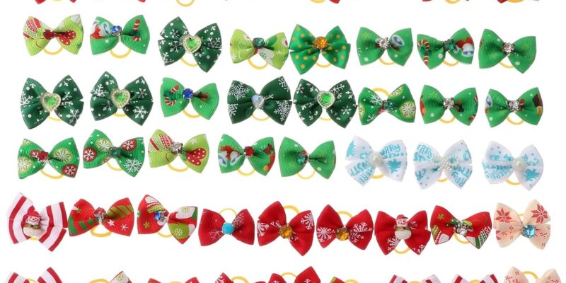 50 Pieces Christmas Dog Bows with Elastic Band Holiday Accessories for Pets Comfortable and Safe Design for Dogs and Cats Christmas