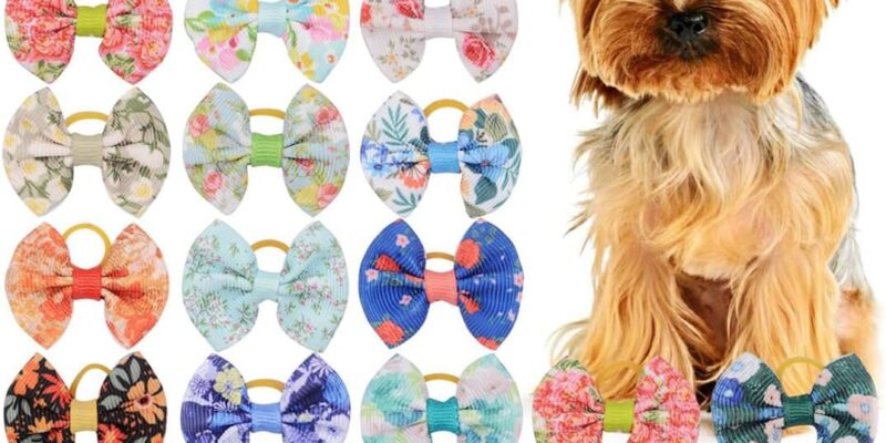 20 Pieces Dog Hair Ties with Elastic, Hair Accessories for Dogs, Bow for Long Hair, Small Dog, Cat Puppy (Random Pattern), multicoloured, A