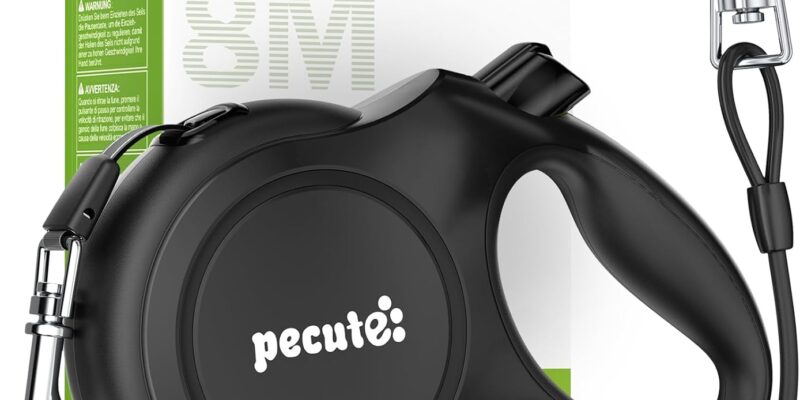 Pecute 8 Metre Extendable Dog Leash, Leash for 15-50 kg, with Anti-Bite Rope 46 cm, Hygienic Bags and Bag Holder | 360° Anti-Tangle | Dog Walking, Training, Rain Days, Black