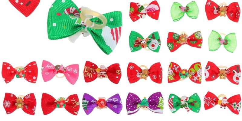 50 Pcs Christmas Pet Hair Bows Grooming Accessories for Small Dogs with Sturdy Rubber Bands Random Holiday Style for Christmas Costumes Canine