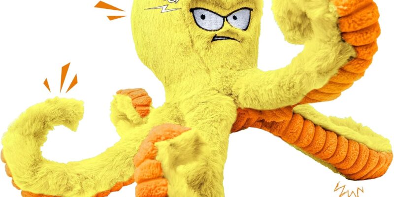 Legend Sandy Tough Dog Toys, juguetes para masticar perros grandes para mantenerlos ocupados, juguete interactivo para perros chirriantes para perros, pulpo amarillo arrugado