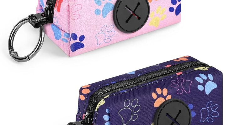 2 bolsas dispensadoras para bolsas de caca de perro, soporte para bolsas de caca de perro, tela suave con mosquetón, accesorios para perros para caminar, correr, senderismo (cabeza-negro y rosa)