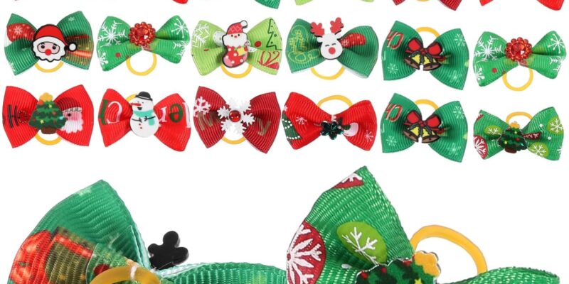 Christmas Pet Hair Ties 50 Pieces with Elastic Band Dog Hair Bows Small Holiday Accessories for Dogs and Puppies Random Design