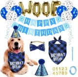 Boxgear, accesorios para fiesta de cumpleaños de perros, Bandana, sombrero, conjunto de pancarta, globos WOOF, pancarta de feliz cumpleaños, suministros para fiesta de cumpleaños para cachorros y mascotas