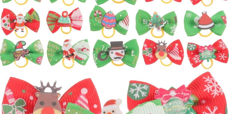 Balacoo 30 Pieces Christmas Pet Hair Bows with Elastic Hair Bow Hair Band Christmas Ring Hair Accessories for Dogs Cats Kids
